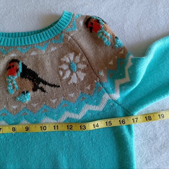 Talbots Teal Lambswool Knit Fair Isle Snow Bird Sweater, Size P - Picture 11 of 16